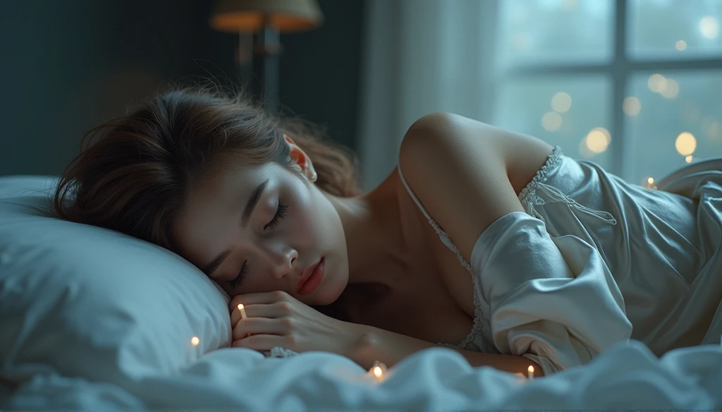 Beautiful woman,((24-years-old)),Moonlight glow,At night,Sleep,((Sleep)),bed,By the window,Lying down,Full Body Shot,close your eyes,Silk Costume