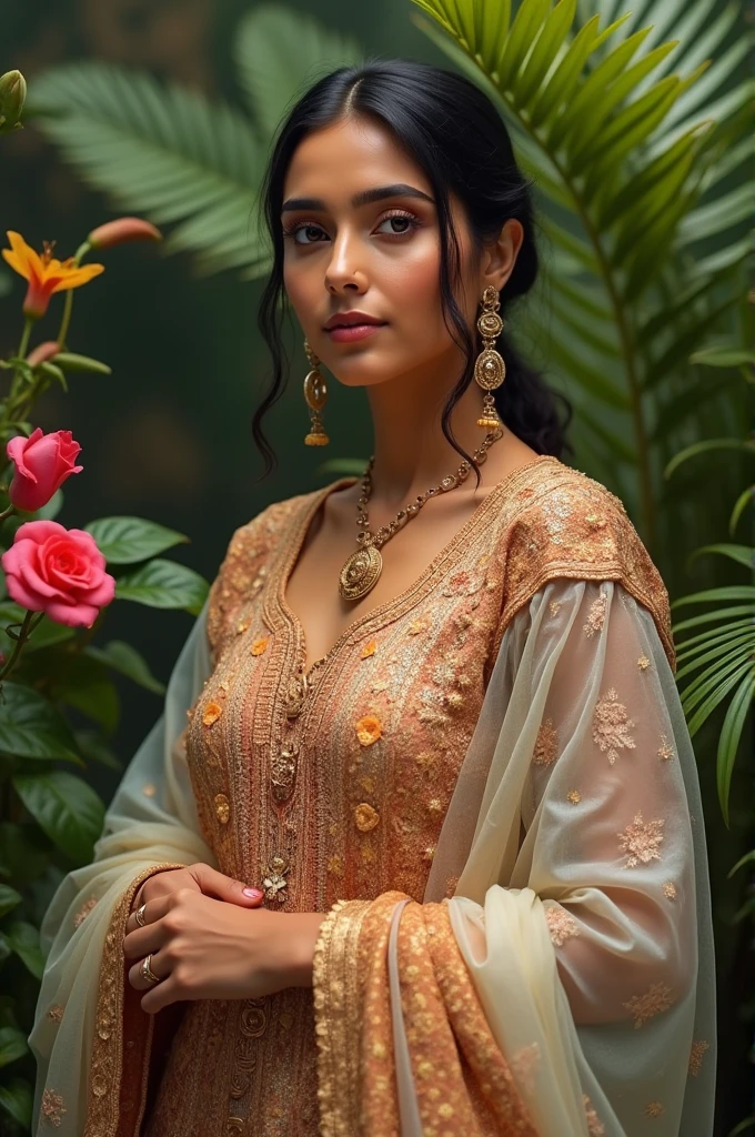 "Create a realistic image of an Indian model standing in a natural setting, such as a lush garden or a traditional marketplace. The model should have a confident, yet relaxed posture, with attire that reflects a blend of modern and traditional styles. Pay attention to authentic details in facial features, skin tone, and clothing textures to capture the essence of contemporary Indian fashion."