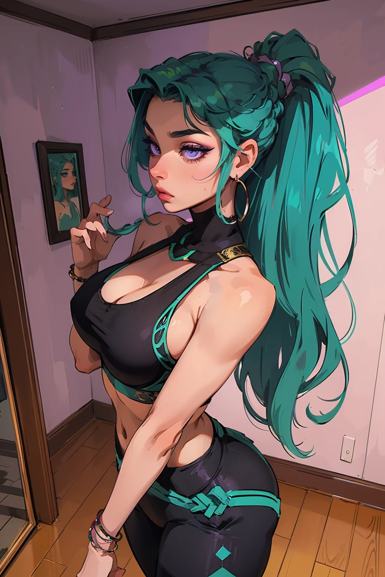 Goddess ((goddess-like woman)), slim elegant silhouette, masterpiece, (close angle), best quality, dark skin, sweet face, (masterpiece:1,2, best quality), (real picture, intricate details), (1 lady , solo, medium tits, slim waistline, ),mint green hair, slicked back hair, long hair, thick hair, wavy hair, long hair, dyed inner hair,, light purple eyes, divine appearance, beautiful detailed eyes bracelet, hoop earrings, beautiful face, beautiful eyes, She is wearing a sports bra and hip-high leggings, hairstyle: ponytail. Background: Large hall, dance studio, mirror on the wall, wooden floor,