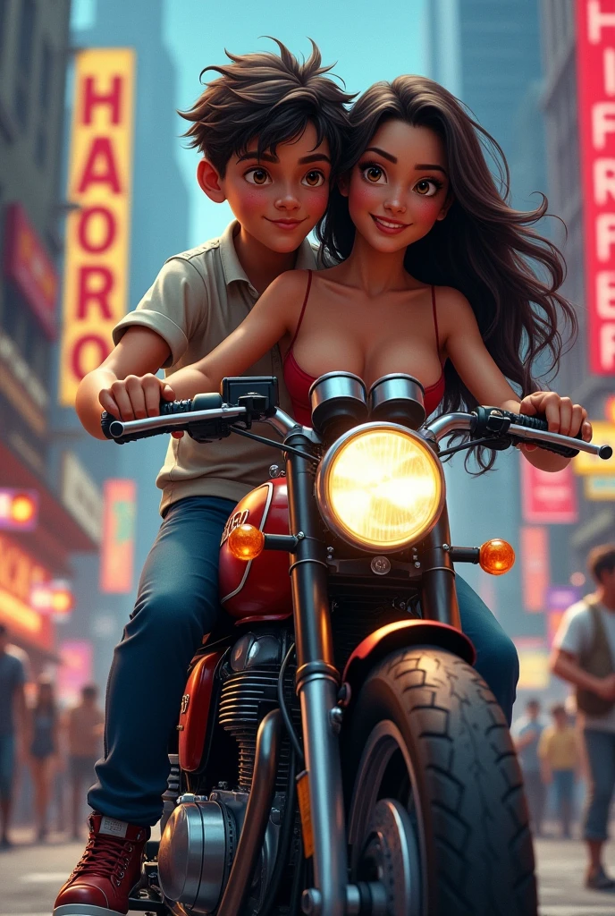 A skinny fat boy holding on the waist of a brunette girl with curly hair, big breasts while riding a 1980s royal einfield cafe racer in a city