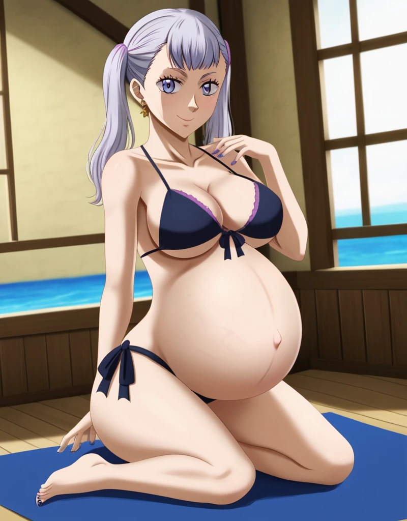 noelle_blackclover, Noelle Silva, Black Clover, long silver hair, waist-length hair, half-up half-down hairstyle, ribbon, side-parted bangs, almond-shaped blue eyes, high-quality, ultra-detailed, beast quality, 8K resolution,
looking at viewer, dutch angle, cowboy shot, smile, pregnant belly, large belly, big belly, big Breasts, belly button, Earrings,
1girl,solo, indoors, beach, happy, Smiling, rub belly, selfing,
full body, Nail polish,