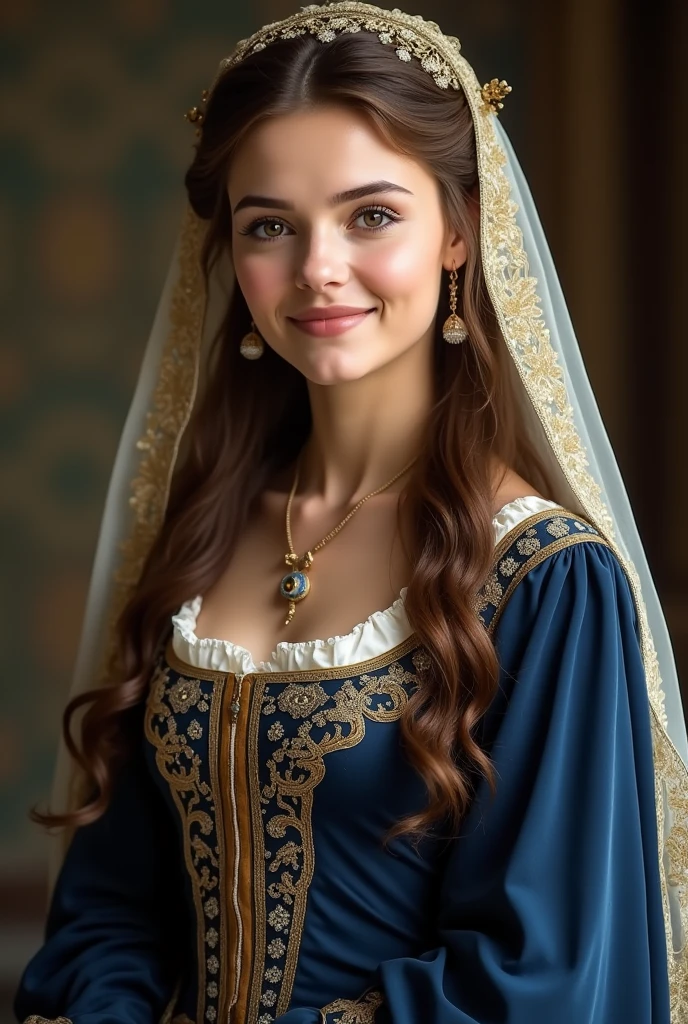 Olivia Cooke wearing a medieval dark blue dress with Golden details, long brown hair, ultrarealistc, realistic, smiling, with a medieval veil