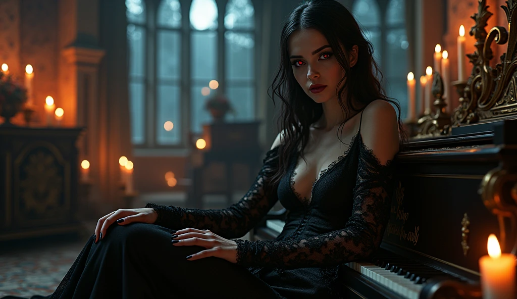 A seductive female vampire with pale skin, long black hair, and piercing red eyes, dressed in a revealing gothic gown with lace details. She sits on a grand, ornate bed in a dimly lit, candle-filled castle chamber, her fingers delicately playing a haunting melody on a black grand piano. The moonlight streams through the tall, arched windows, casting an eerie glow on her sensual figure. Aim for realistic depiction, make sure photos are at highest resolution (8K)