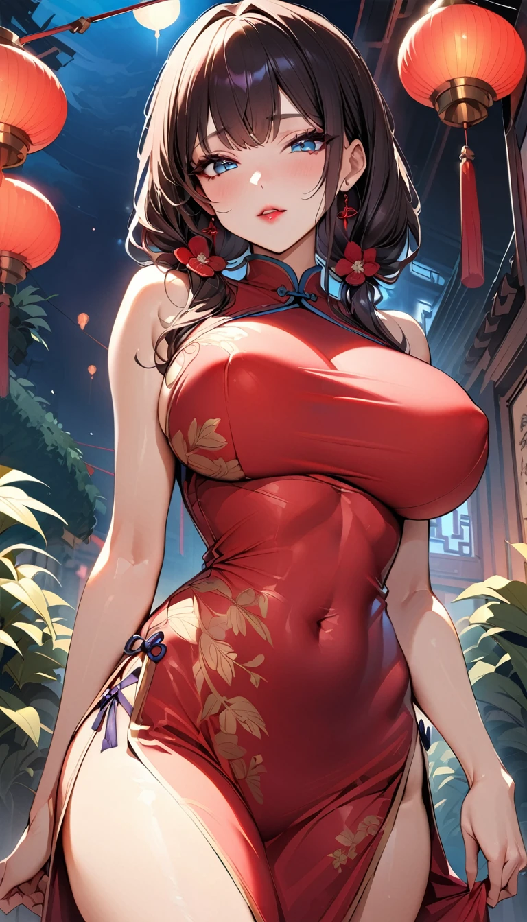 One person,Bush,Fashionable Girl,China dress,Chinese clothing,Hair Flower,(masterpiece:1.4),(Highest quality:1.4),(Glowing Skin),Red lips,View your viewers,Big Breasts,Cleft lip