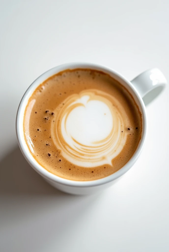 A latte coffee shot from a top angle, zoomed in, with milk, in a white cup