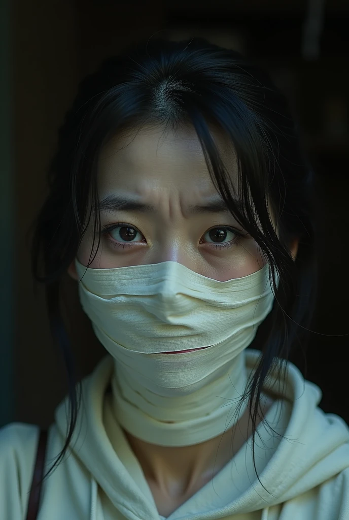 Woman, mummified, gagged, tape gagged, over the nose gag, Otn tape gag, struggling, Breathplay, asphyxiation, frustrated, teardrops, Asian, garage, sad, crying, suffocation 