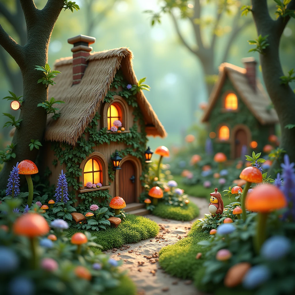 A whimsical fairy garden with tiny houses and magical creatures
