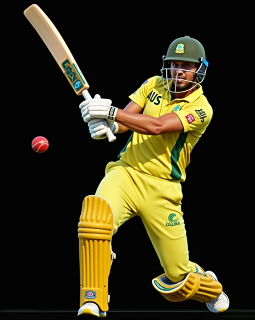 Give me a yellow jersey with AUS written on it. A cricket player wearing white sneakers and a dark green helmet is hitting a cricket ball.,顶光drop shadow, anaglyph, stereogram, tachi-e, ass pov, atmospheric perspective, 8k, super detail, best quality