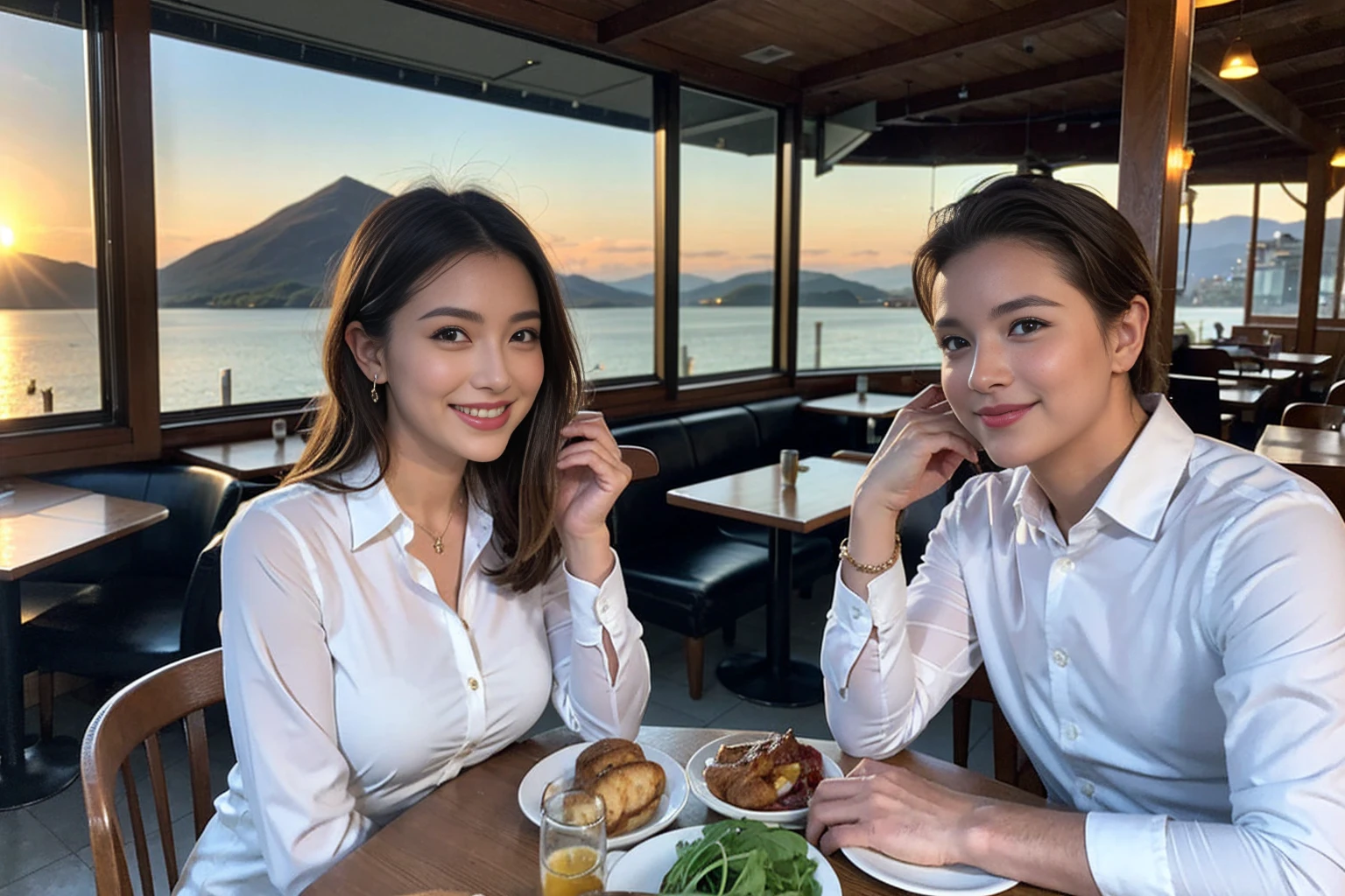 ((Highest quality、8k、masterpiece:1.3))、1 male、1 female、spouse、Beautiful couple、smile、 (Slim face), (The body is スリム), (Brown Hair), (Shortcuts), ((Bob Hale、Straight hair:1.2)), Whiskey bottle and glass on table、Single Malt、scotch、Shot Glass、Scotland、shine light on the face、 Amazing view of the sunset sky and clouds、Amazing mountain views、smileの美しさ、Bright image、blush, Shortcuts,Bright Face、 (4), 3, Appetizers、Italian food、Long sleeve shirt、dress、Attractive beauty、restaurant, Nova Frog Style, actress, model, Upper Body,