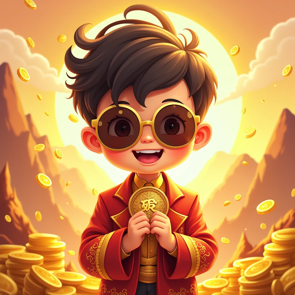 A lucky boy,Cartoon,Wear sunglasses,rich,Multigold,Bright background,jin shan