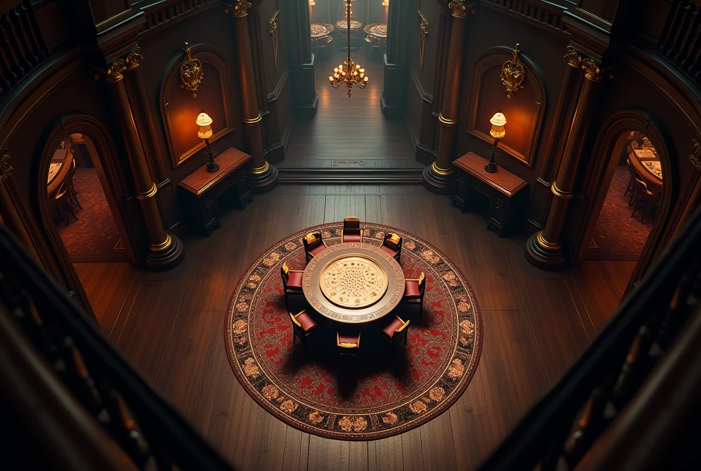 Direct view from drone, Bird&#39;s-eye view，Parallel angle of view，Dimly lit casino,  The wooden floor is covered with a fine rug，Chess table, No man's scene, Game Art, (Coherent architecture and interior, With realistic proportions and textures, Intricate details, Hand Painted, Energetic, Movie Lighting, masterpiece, 8K)