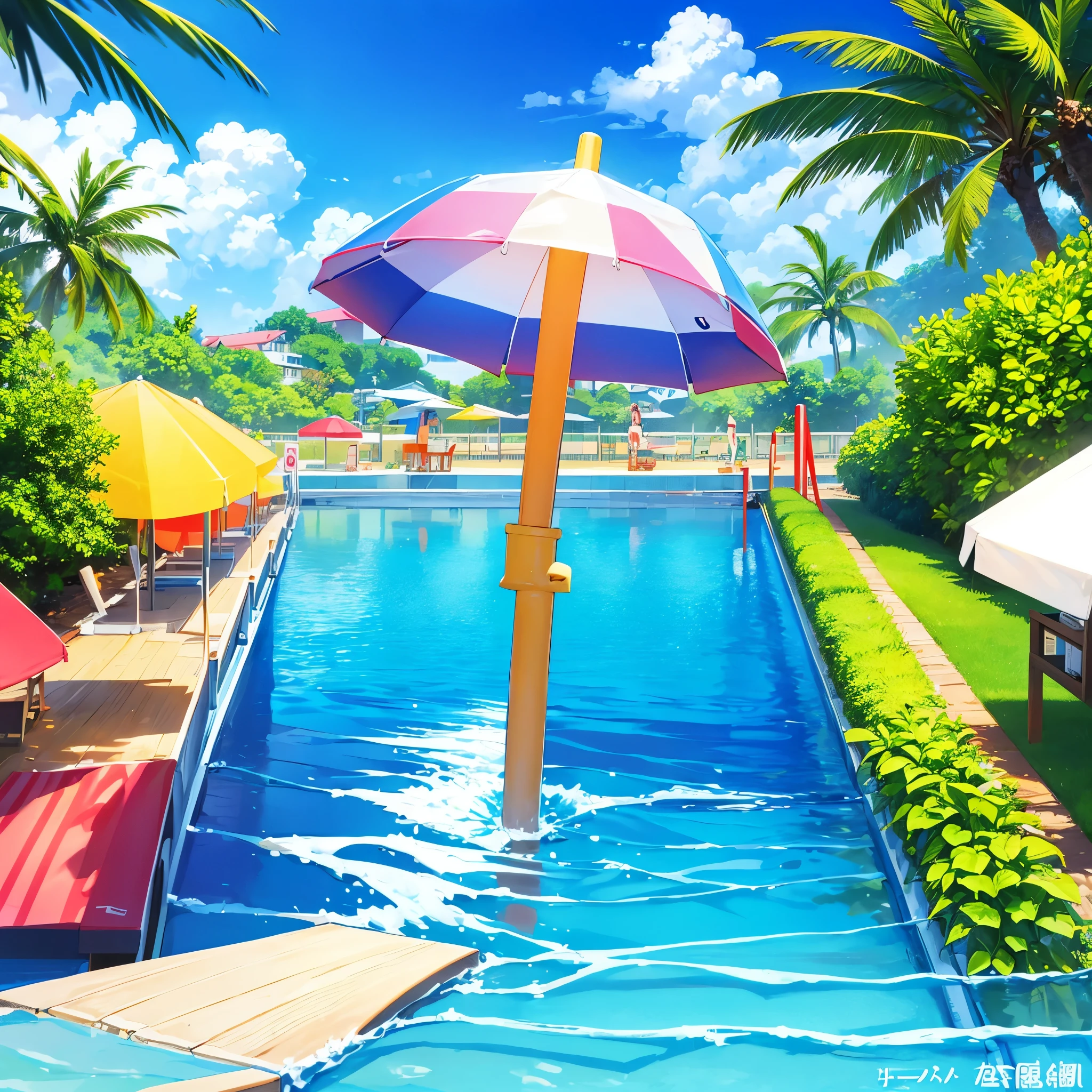 cartoon summer beach scene with fruits and umbrellas, poster ; summer, Popular on cgstation, mobile game background, summer time, mobile game, Chiba Yudai, summer swimming , 水果 Popular on cgstation内容, summer festival in background, swimming pool,Cool refrigerator,Old wives' summer