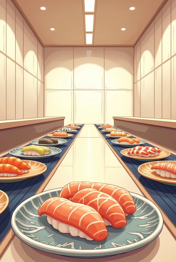 Illustration of a conveyor belt sushi restaurant, empty conveyor belt and large plates, cute illustration