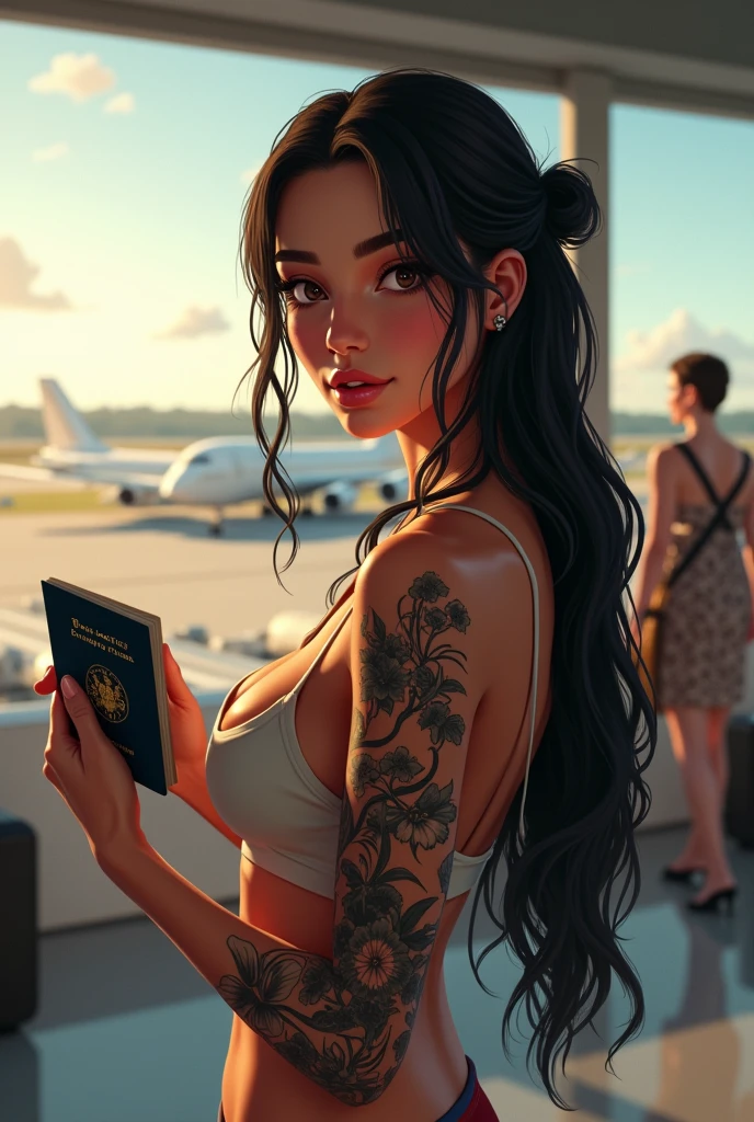 Caucasian woman with a browner tone, Scrawny, with long black hair, brown eyes black and white flower tattoo on arm, with big breasts wearing summer clothes, with passport in hand, inside the airport boarding area with a view of the runway with an airplane in the background, clear sky in the morning 