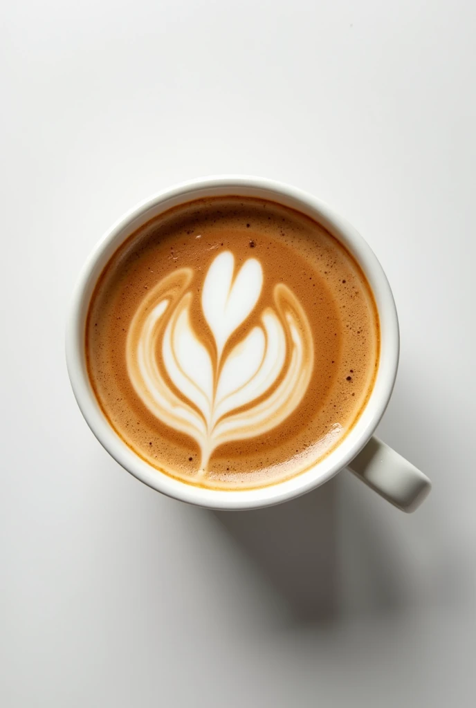 A latte coffee shot from a top angle, zoomed in, with milk, in a white cup
