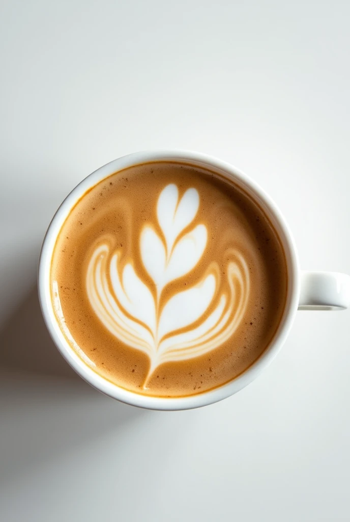 A latte coffee shot from a top angle, zoomed in, with milk, in a white cup