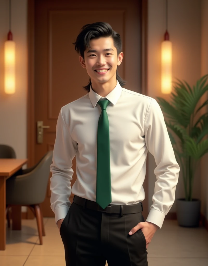 Thai male student, tall, white, good looking, Mullet hair, smiling face. Wear a white long-sleeved shirt. green tie black pants Standing, reaching into trouser pocket standing in studio There is warm lighting. full HD