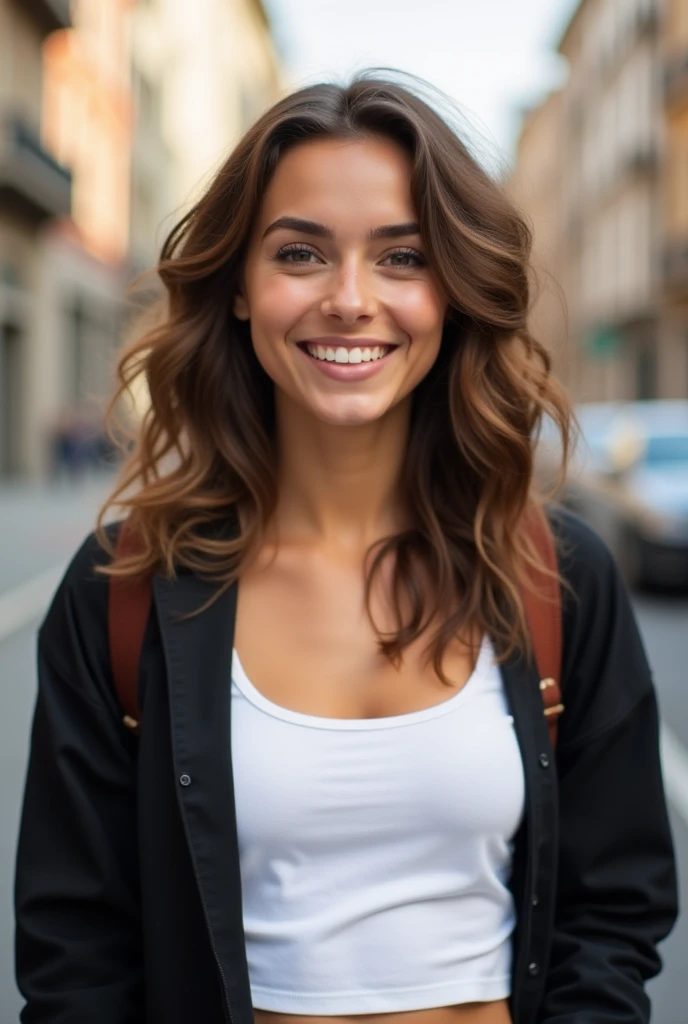 Cute 20 years old european female, smiling,brown wavy hair.white tank top, black jacket,stay on the street, bokeh,