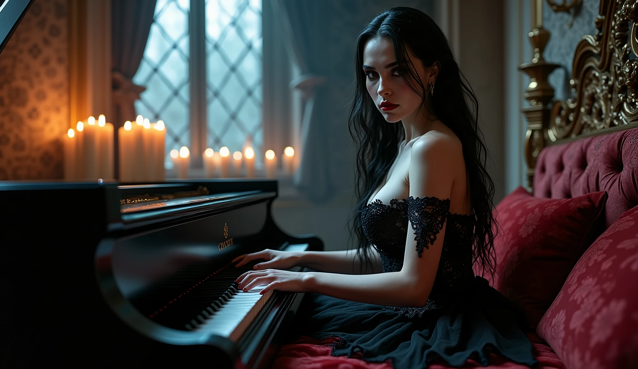 A seductive female vampire with pale skin, long black hair, and piercing red eyes, dressed in a revealing gothic gown with lace details. She sits on a grand, ornate bed in a dimly lit, candle-filled castle chamber, her fingers delicately playing a haunting melody on a black grand piano. The moonlight streams through the tall, arched windows, casting an eerie glow on her sensual figure. Aim for realistic depiction, make sure photos are at highest resolution (8K)