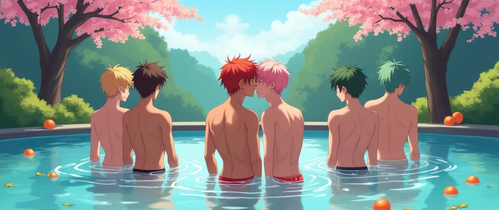 Five male teenagers are bathing in a beautiful hot spring. This spring gives a beautiful view of a forest with 2 cherry trees, one on each side, very close to where there is a tangerine tree and some are falling into the water. The water is beautiful and crystal clear, releasing a little steam in one of the cherry trees. There is a couple of men kissing. They are only wearing a short thong that shows a little of their ass. The male teenagers have between their hair: red, blond, pink, green hair. One of them has light brown skin. One has tanned skin. One of them is black. The image has to be in hot yaoi anime.