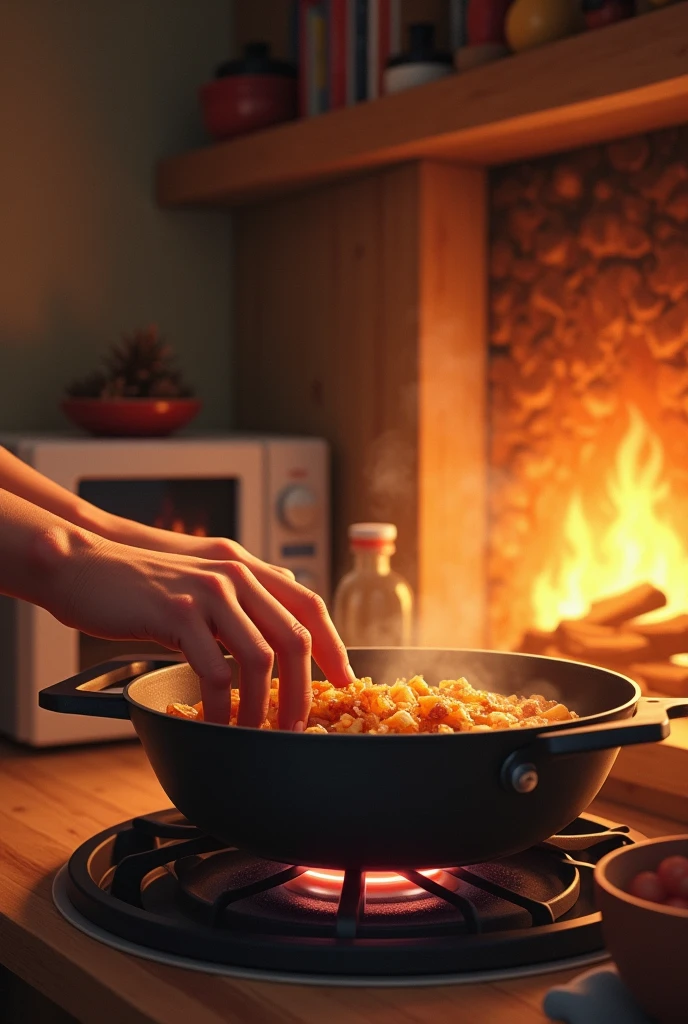 Suggested images: Cooking on the stove, warm hands by the fire, và sử dụng lò vi sóng.
