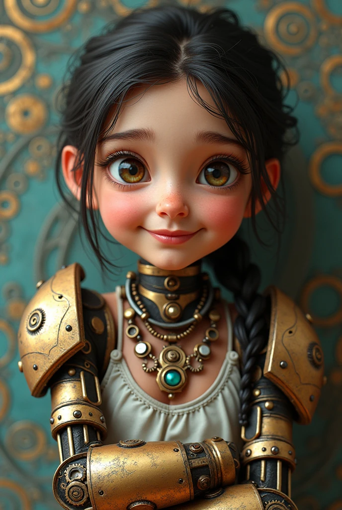 1 smiling girl with bionic arms in steampunk style., captured in ultra high resolution with photorealistic and beautiful lighting. This masterpiece is of the best quality and is set on an abstract zentangle background. (weighted by 1.4).