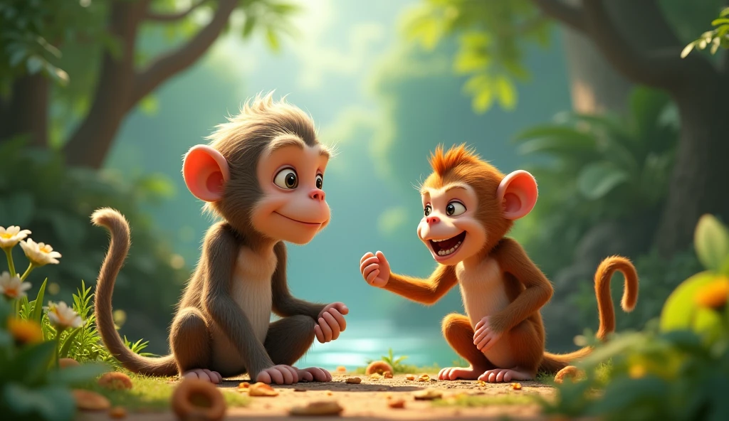 Create 3D cenametic cartoon animation of this prompt "Wise monkey advises the greedy monkey to control his greed
Greedy monkey ignores the advice and continues his ways"