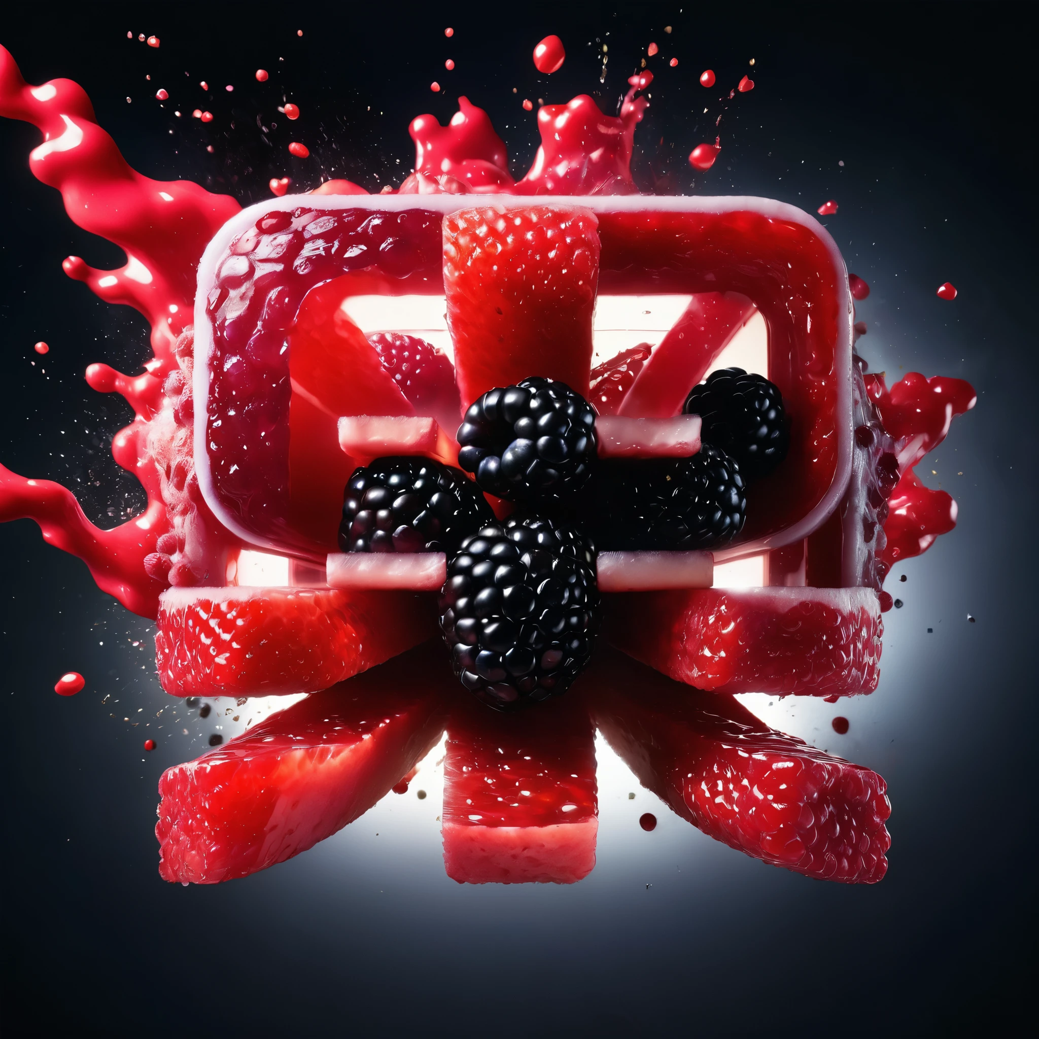 Commercial Photography, Intense red blood explosion, Giant Blackberry、raspberry、strawberry、blueberry、Cherry in the center of the explosion, White lighting, Studio Lighting, 8k Octane Rendering, High-resolution photography, Fine details, Extremely detailed, On black isolated plane, picture, Professional color correction