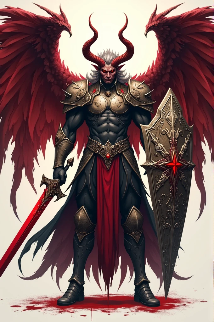 Design an imposing t-shirt featuring a male devil angel, wielding a blood-drenched sword and shield in BD verse. with light color background for t-shirt design
