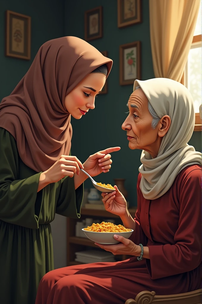 A Muslim girl feeding her mother