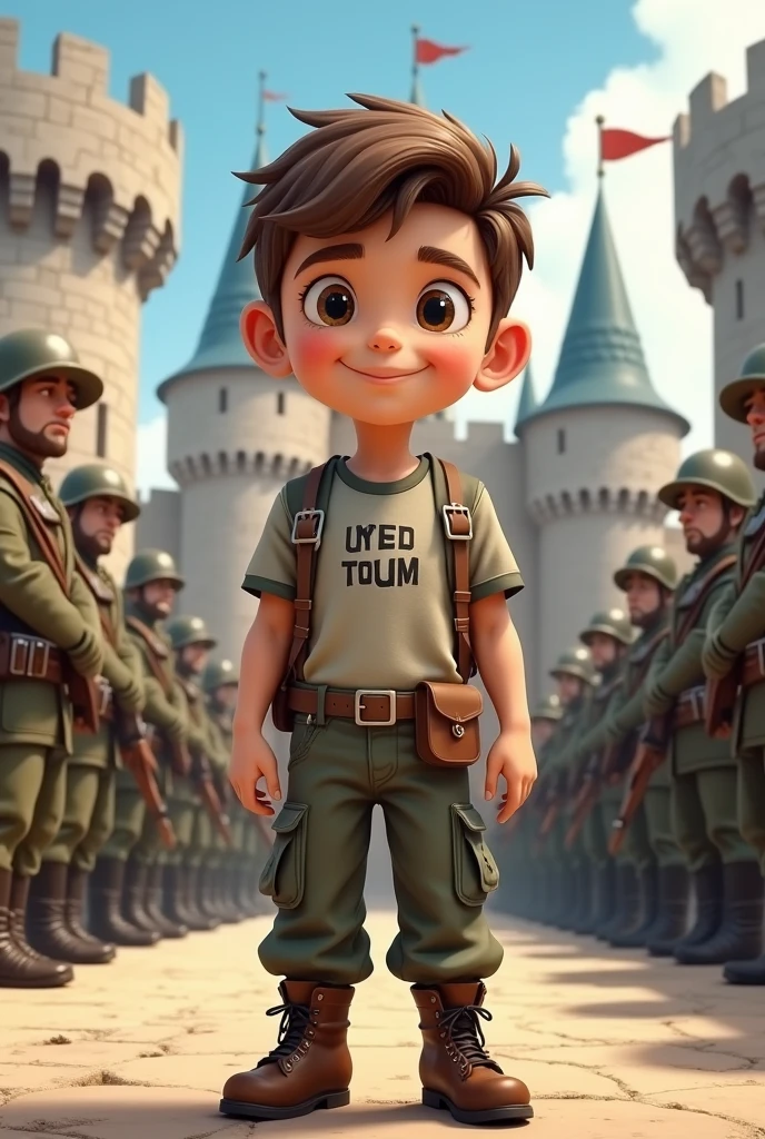A BOY cartoon TYPE AND BOY WEAR A war clothes HIS SHIRT ON WRITE "your name " BACKGROUND Castle and soldiers