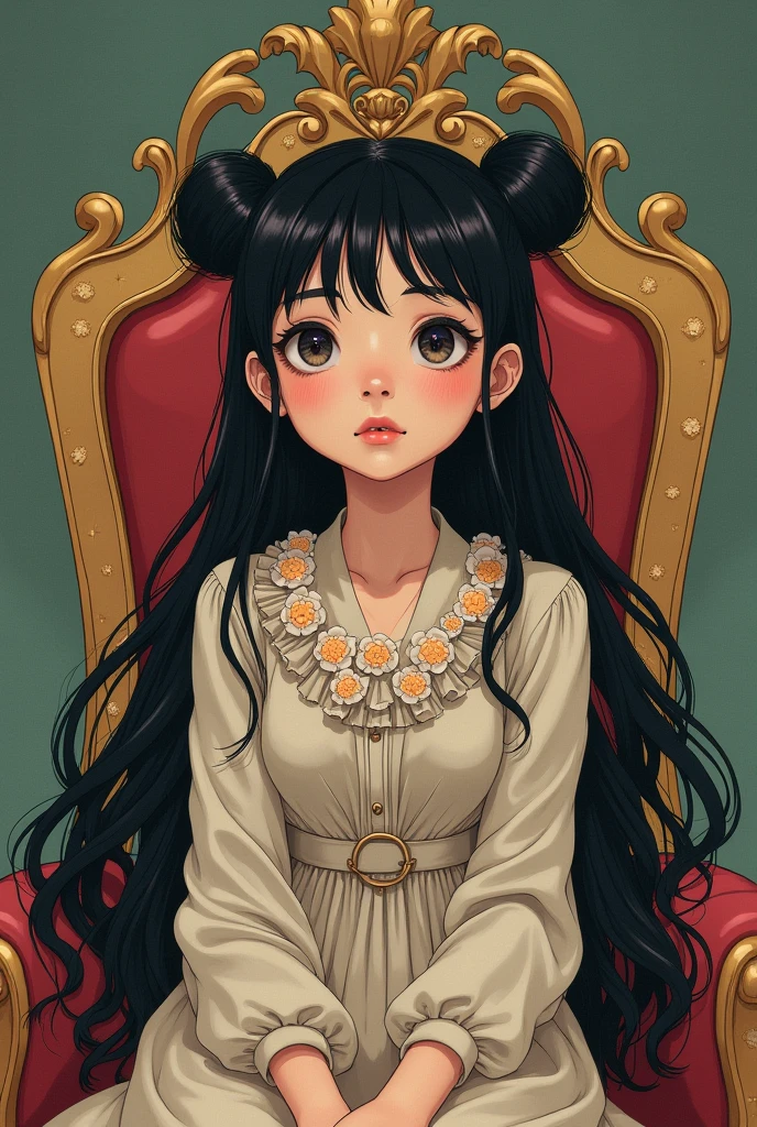 girl with black shiny hair and space buns, wearing a vintage long sleeved bodice with a flowery collar with a flowy dress underneath, sitting on a throne shyly looking up with a blush on her face (manga)