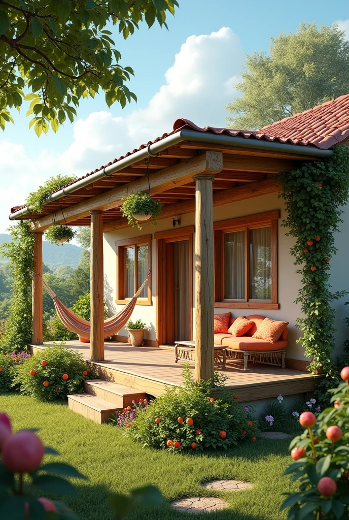 Generate an image of a single-story house in a rural area, that has a balcony around the house, with a hammock under the cover and a rustic sofa. Have fruit-bearing plants around the house.