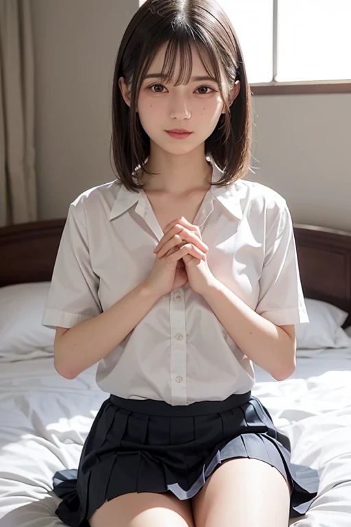 (masterpiece, 高いest quality:1.2), 8k, Official Art, RAW Photos, Unbelievably absurd, (White shirt、Pleated skirt:1.4), Front opening of the shirt、A stunningly beautiful -yeld hischool st ((both handsでスカートを持って))、Sit on the bed、ニヤニヤしたsmile, 、smile、 (Pleated skirt:1.1), close, , Short sleeve, Gaze provocatively at the audience, No makeup, Film Grain, chromatic aberration, Sharp focus, Face Light, Dynamic Lighting, Cinema Lighting, Detailed eyes and face,short hair、(((White skin)))、Bright bedroom、super slim t高いs、((Realistic panties with lace trim、Beautiful crotch))、((((both hands)))),((((Looks very young:1.3))))、(Very young and busty:1.2)、Lace stockings up to the thigh、Sparkling eyes、Lip gloss、