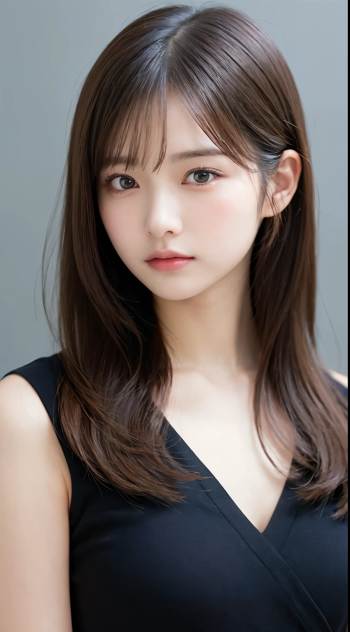 (Highly realistic photos, High resolution), Skinny Japanese woman, 20-year-old, Cute Face, Detailed face, Detailed eyes, Mr.々Hair style, Thin body type, correct body anatomy, ((Look straight ahead)), Facing the camera directly, A single photo, Photographs capturing the perfect moment of beauty and intelligence, ((With a simple background))