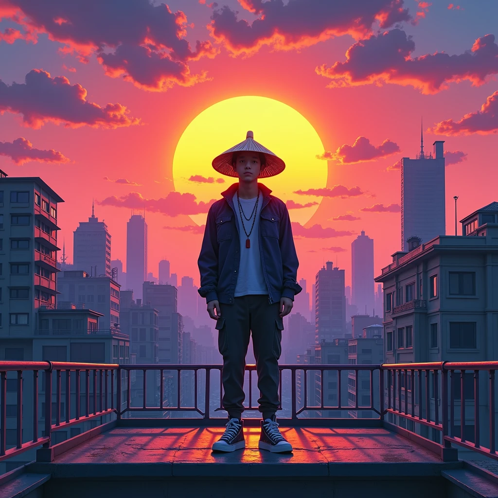 Album Artwork of an urban landscape featuring a psychedlic sunset with VIBRANT COLORS AND a boy of 20 years in the rooftop of a building swearing urban clothes and a chinesse douli hat without revealing his face.