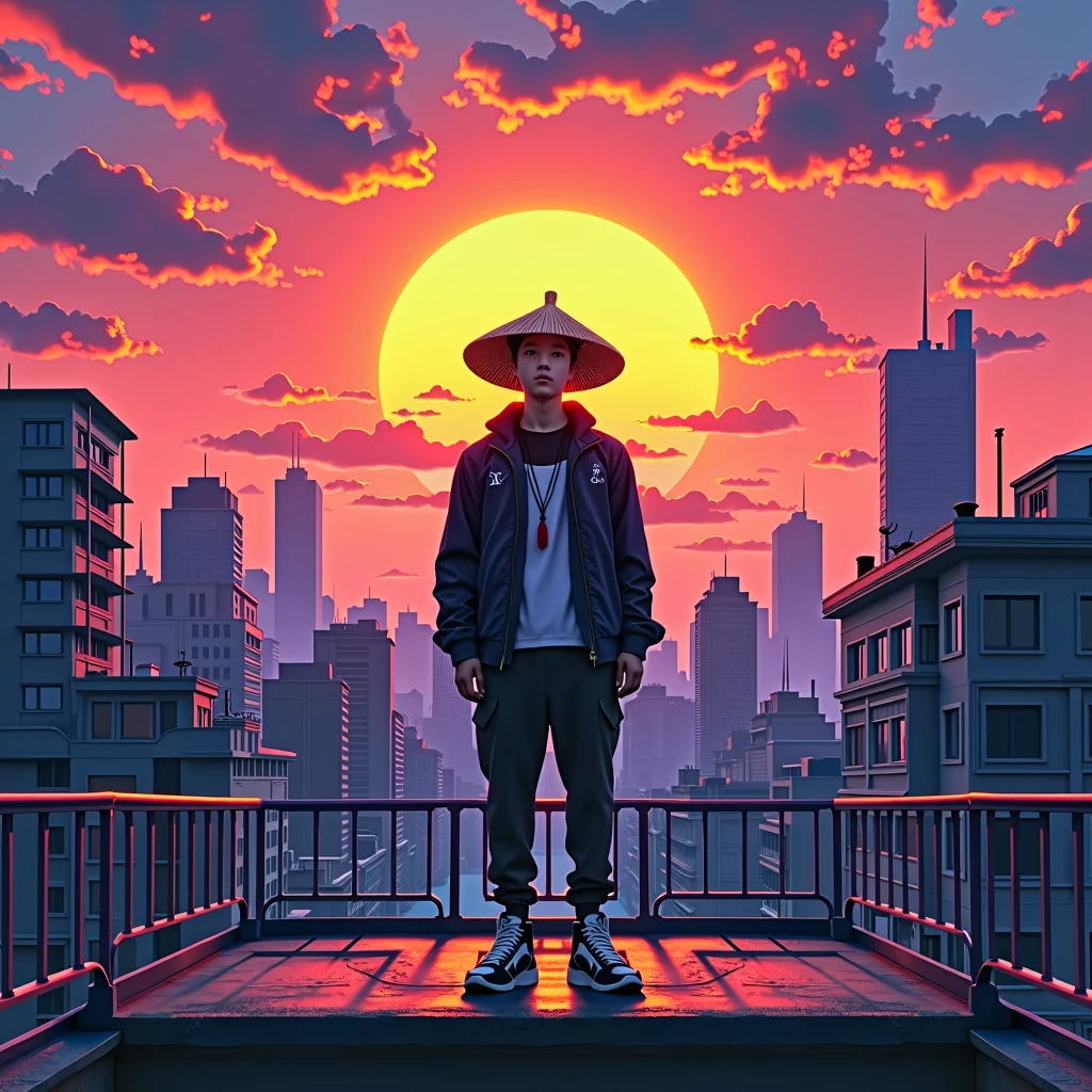 Album Artwork of an urban landscape featuring a psychedlic sunset with VIBRANT COLORS AND a boy of 20 years in the rooftop of a building swearing urban clothes and a chinesse douli hat without revealing his face.