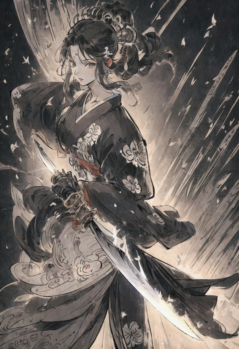 Anime Character Design Japanese style Anime Character Reference Sheet Concept Character black and white manga style Taisho Romance action knife full body woman