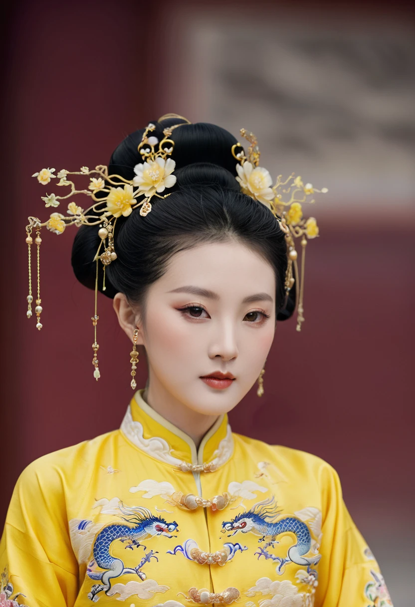 A woman from the Qing dynasty is wearing a yellow Manchu costume embroidered with small dragons, and has completely stripped off her clothes. The background is the luxurious Empress's Palace of the Qing dynasty.