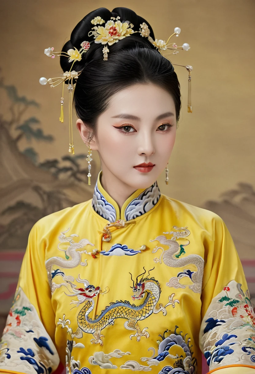 A woman from the Qing dynasty is wearing a yellow Manchu costume embroidered with small dragons, and has completely stripped off her clothes. The background is the luxurious Empress&#39;s Palace of the Qing dynasty.