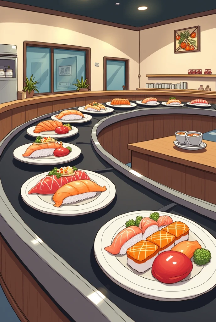 Illustration of a conveyor belt sushi restaurant, no people, sideways, and large plates, cute illustration