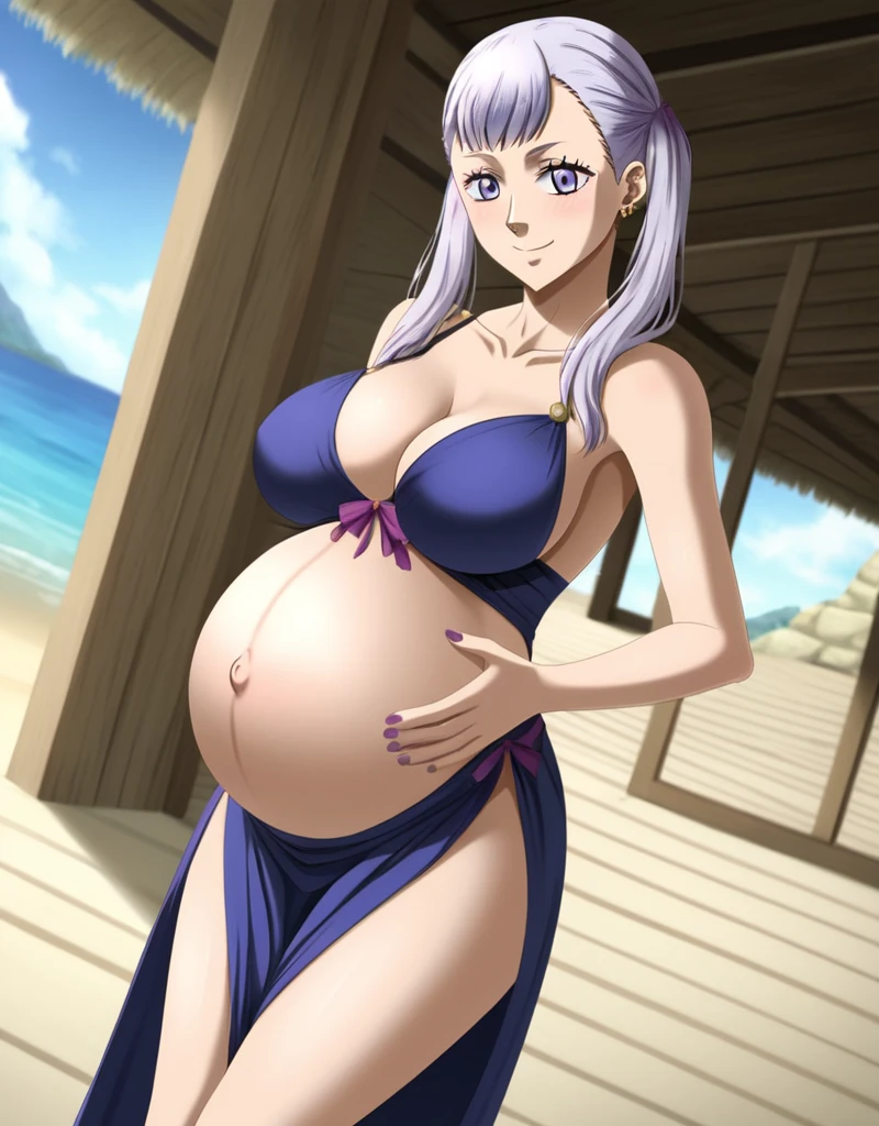 noelle_blackclover, Noelle Silva, Black Clover, long silver hair, waist-length hair, half-up half-down hairstyle, ribbon, side-parted bangs, almond-shaped blue eyes, high-quality, ultra-detailed, beast quality, 8K resolution,
looking at viewer, dutch angle, cowboy shot, smile, pregnant belly, large belly, big belly, big Breasts, belly button, Earrings,
1girl,solo, indoors, beach, happy, Smiling, rub belly, selfing,
full body, Nail polish,