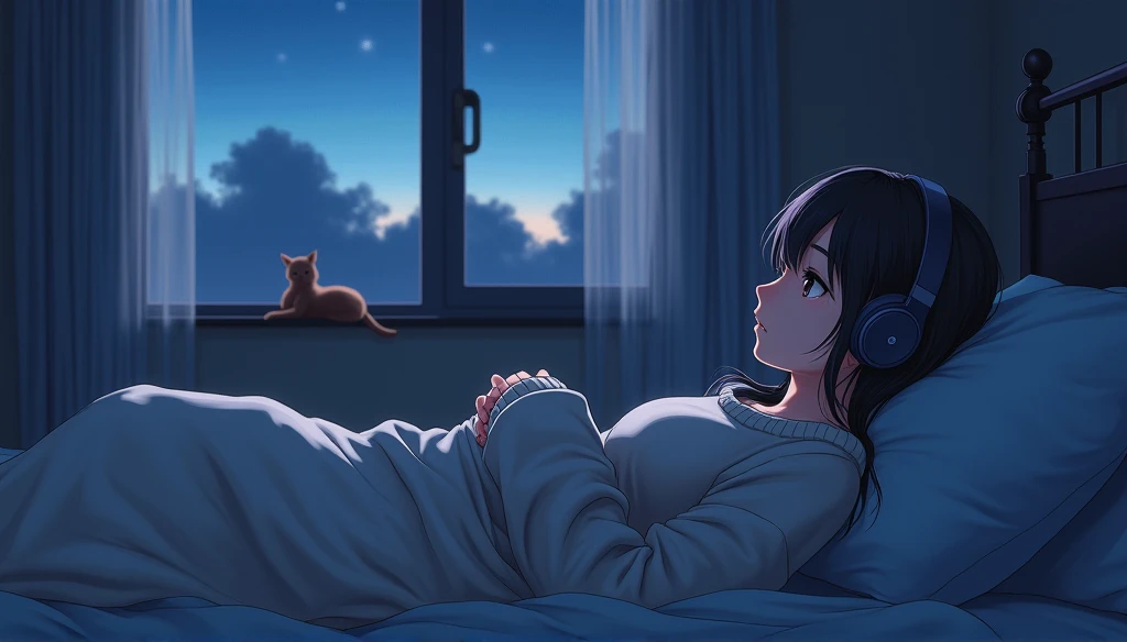 girl, Lie down and sleep, Wearing a large sweater, Wear headphones, Covering her feet with a blanket, praise, Calm, Calm atmosphere, Looking out the window in her room, nice, night, quiet night, Cat, masterpiece, Highest quality,Sleeping in bed in room anime scene