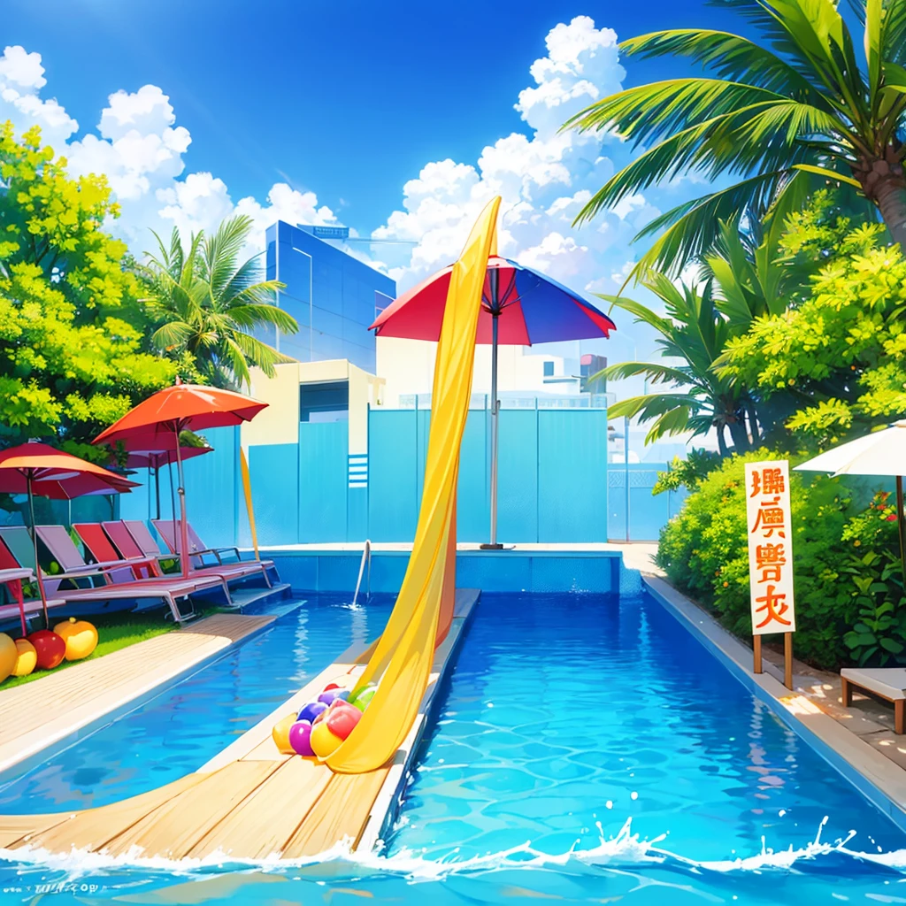 cartoon summer beach scene with fruits and umbrellas, poster ; summer, Popular on cgstation, mobile game background, summer time, mobile game, Chiba Yudai, summer swimming , 水果 Popular on cgstation内容, summer festival in background, swimming pool，Cool refrigerator，Old wives' summer