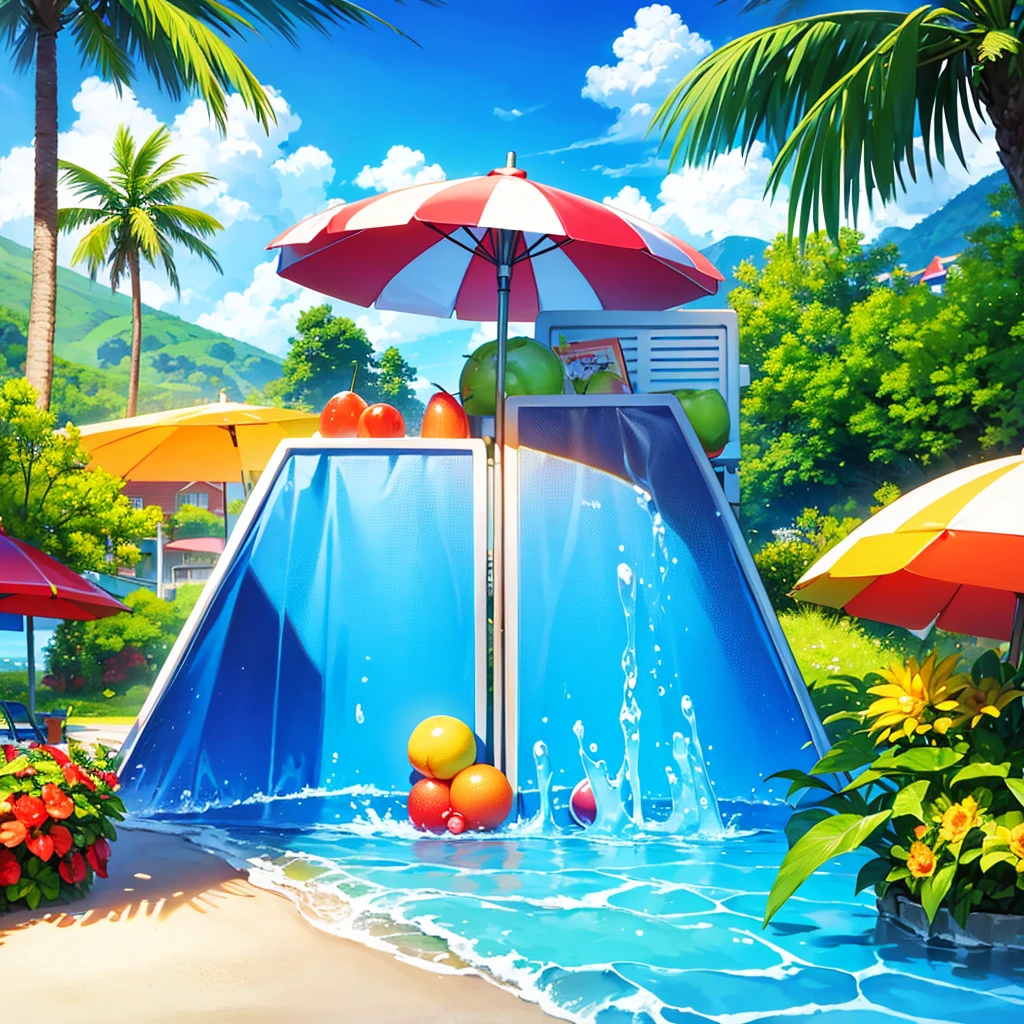 cartoon summer beach scene with fruits and umbrellas, poster ; summer, Popular on cgstation, mobile game background, summer time, mobile game, Chiba Yudai, summer swimming , 水果 Popular on cgstation内容, summer festival in background, swimming pool，Cool refrigerator，Old wives' summer