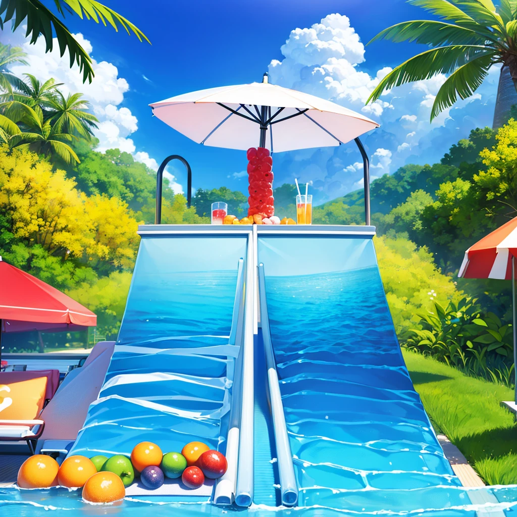 cartoon summer beach scene with fruits and umbrellas, poster ; summer, Popular on cgstation, mobile game background, summer time, mobile game, Chiba Yudai, summer swimming , 水果 Popular on cgstation内容, summer festival in background, swimming pool,Cool refrigerator,Old wives' summer