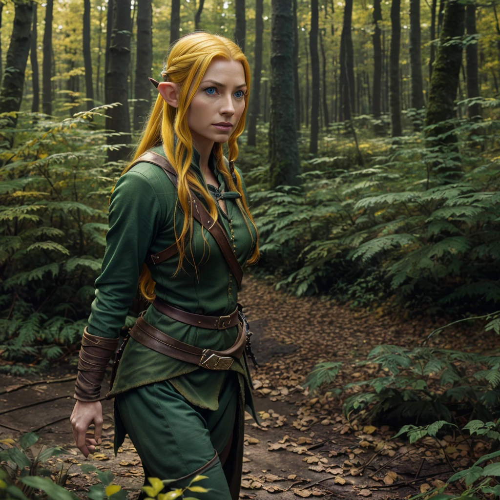 Tauriel, the elf from The Hobbit movie, best quality, ultra-detailed CG unity 8k wallpaper, floating, high resolution, dynamic pose, beautiful face, (blue eyes:1.2, yellow hair:1.3, green clothes), depth of field, white forest, golden leaves, magic light)