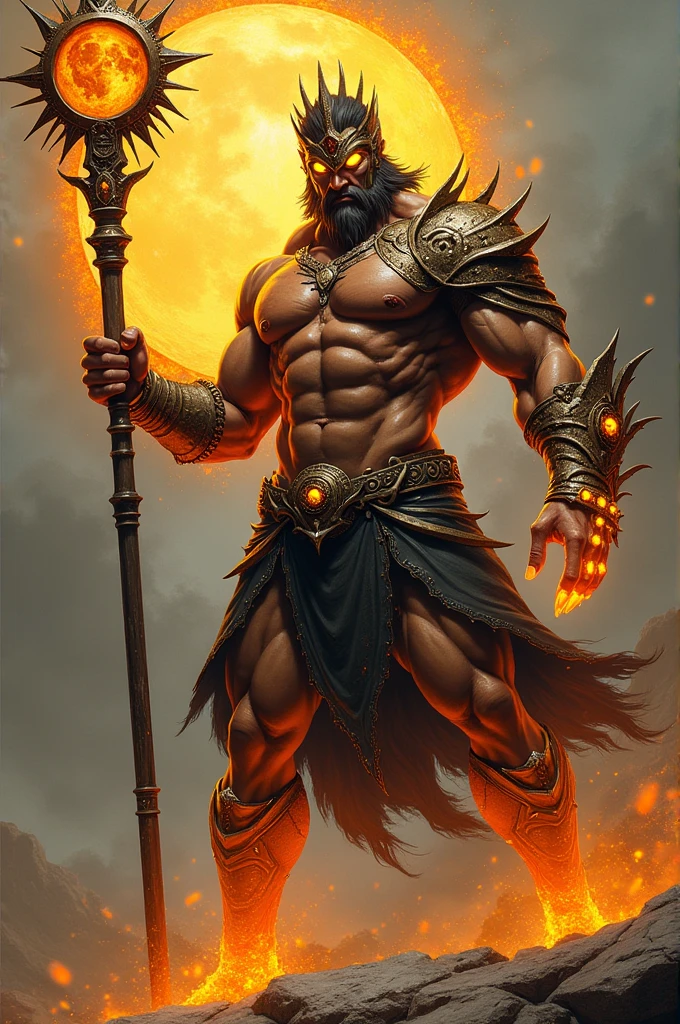 Character with a stick that looks like a sun a muscular body is powerful with a symbol of the sun orange arms with metal relief legs with disappointed symbols black eyes are yellow a metal crown that looks like the sun is a dangerous fighter side with throbbing muscles