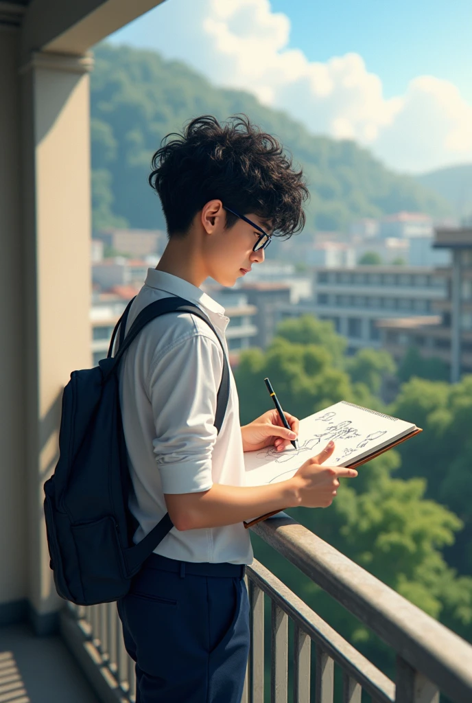 (photorealism:1.A student boy ,class 12 tall ,side face ,curly black hair ,glasses , white shirt dark blue pants , standing drawing in draw book , in balcony  school