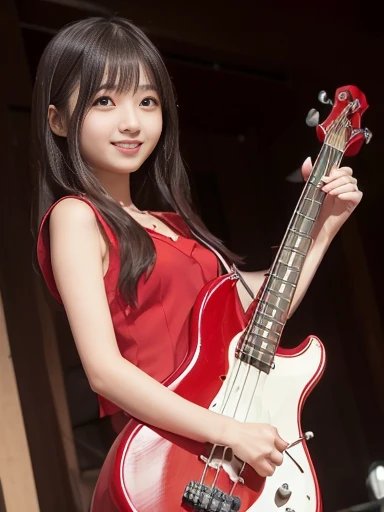 Japanese female, (underweight), (flat chest best quality:1.5), 30 years old, (cheerful grin:1.1),
live house, electric bass player, standing, wavy hair, (red dress), with a electric bass, Japanese, (full body shot:1.2), (low angle shot), soft lighting, (spot lighting:1.4)
